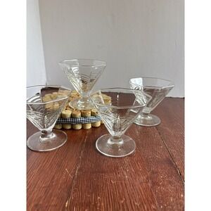 Vintage Spiderweb Hexagon Glass Sherbet Dessert Cups Set 4 Clear Footed 3.75in